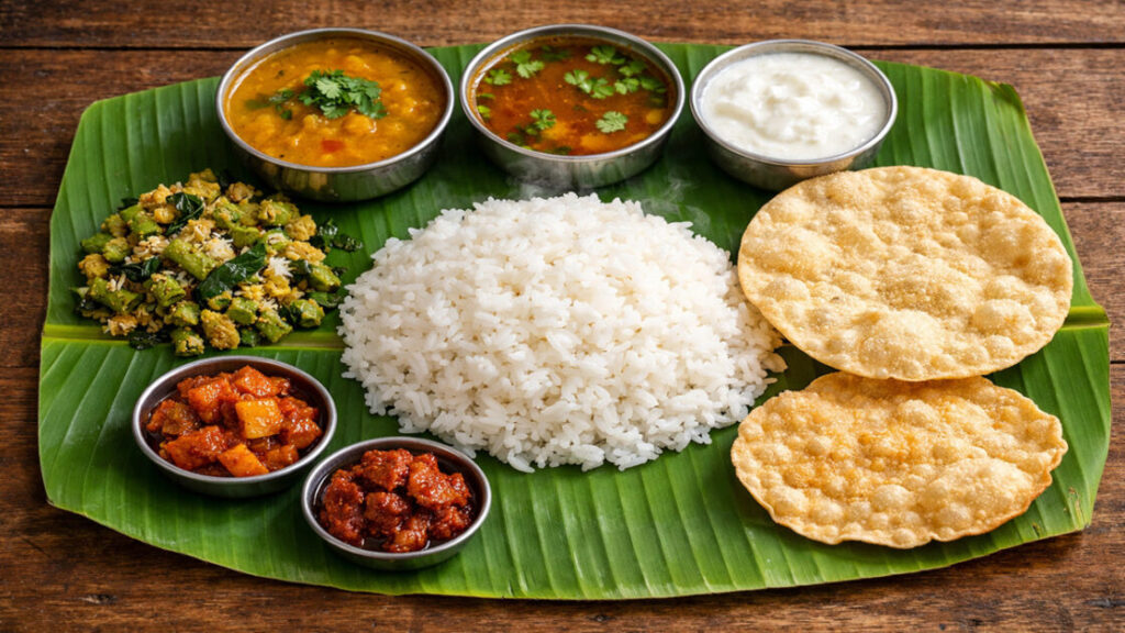 தமிழ் பாரம்பரிய உணவு தட்டு வாழை இலையில் - சாதம், சாம்பார், ரசம், பொரியல், தயிர் - Tamil thali nutrition
